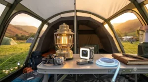 Icons showing USB-rechargeable versus battery-powered tent lighting options.