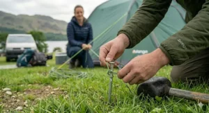 Rubber mallet for tent pegs being used to protect the top of a galvanised steel peg.