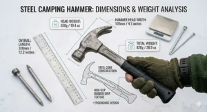 An infographic illustrating the dimensions and weight in grammes of a lightweight yet durable steel camping mallet.