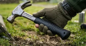 Close up of a steel camping hammer showing the ergonomic non slip rubber handle grip for safe use in wet UK weather.