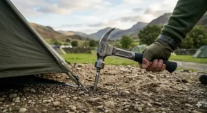 A steel camping hammer effortlessly driving a heavy duty rock peg into hard, stony ground next to a family tent.