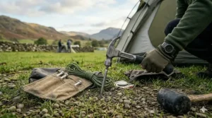 A premium steel camping hammer with its safety wrist strap tucked into a canvas storage pouch next to camping gear.