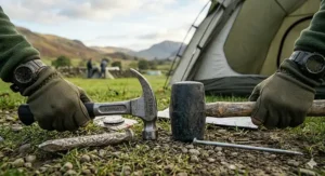 A side by side comparison of a robust steel camping hammer and a traditional wooden rubber mallet on a campsite.