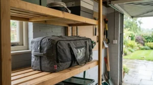 A clean, zipped grey tent bag stored safely on a wooden storage shelf in a dry British garage next to tools, storage crates, and muddy wellies.