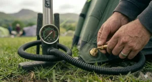 Line drawing showing how to switch the pump hose to the deflate port to rapidly extract air from a tent groundsheet and beams.
