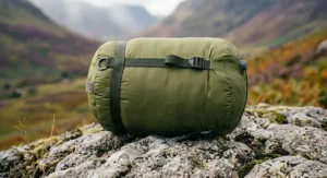A graphic illustrating the size difference of a 3-person weekend tent before and after using a heavy-duty compression bag.