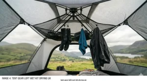 A detailed, photorealistic interior shot of a tent gear loft being used to dry wet hiking kit, including socks and a towel, with the mesh design allowing for airflow inside the tent.