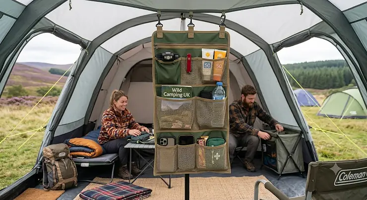 A hanging tent organiser filled with camping essentials inside a family tent. tent hanging organiser
