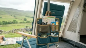 A versatile organiser hung on the side of a camping chair for easy access to accessories.