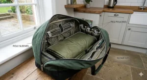 Top-down view inside the wide-open storage bag, pointing out specialised internal pole sleeves, dedicated peg pouches, and a zipped repair kit compartment.