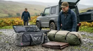 A universal replacement tent storage bag lying open on a gravel track next to a rolled-up green family tent and a folded brown groundsheet.