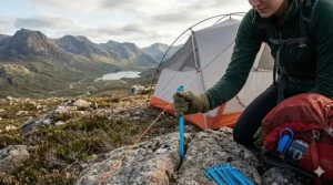 A close-up, high-detail 4K photograph of a backpacker's gloved hand positioning a blue aluminium peg into a crevice within a large, solid rock face on a wild camping pitch.