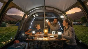 Illustration demonstrating IP68 weatherproofing protection for camping gear.