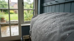 Close-up of water droplets bead-rolling off the water-resistant fabric of a durable grey tent storage bag during a rainy UK camping trip.