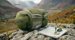 Close-up illustration highlighting the ripstop nylon fabric, taped seams, and waterproof coating of a tent compression sack.