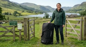 A woman standing next to a large, upright black wheeled tent bag at a wooden gate entrance for campsite pitches in the British countryside.