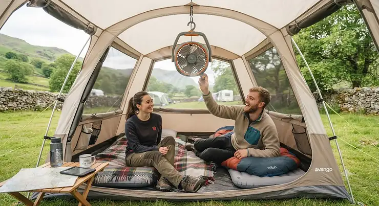 A compact battery powered tent fan suspended from the ceiling of a family camping tent. nesting blocks toddler