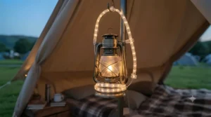 Battery-powered LED lantern combined with flexible strip lights for tent interiors.