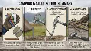 An infographic summary from our camping mallet buying guide, detailing preparation, driving pegs, extraction, and maintenance steps.