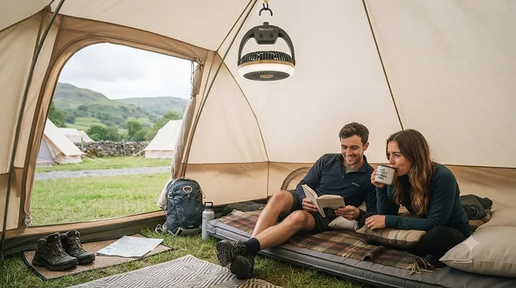 A high-performance rechargeable tent fan hanging from a canvas bell tent ceiling, illuminating a cosy couple relaxing on a made-up bed inside. Through the open door, rolling Lake District fells are visible under an overcast sky. rechargeable tent fan