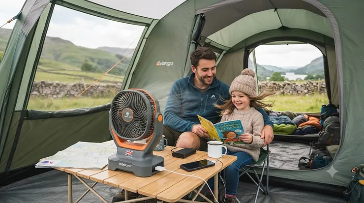A powerful, portable tent fan hanging from the ceiling of a family tent during a UK summer camping trip. best tent fan