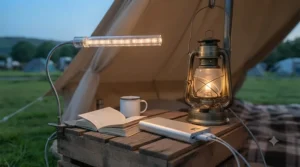 Practical setup showing LED strip lights integrated with a lantern for evening camping.