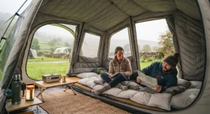 Interior view of a cosy tent setup using a thermal liner to stay warm in the British countryside.