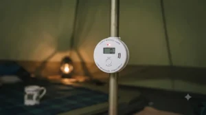A battery-operated carbon monoxide alarm mounted inside a tent as a essential safety measure.