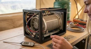 Ceramic heating element inside a portable tent fan heater.