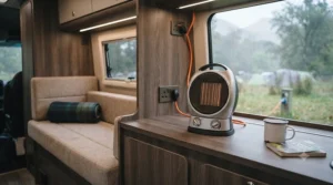 Oscillating ceramic fan heater distributing warm air evenly inside a campervan living area.