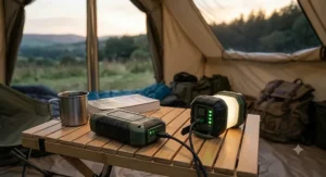 A photorealistic close-up within the beige canvas bell tent, focusing on a black USB-C cable connecting the olive-green rechargeable tent lantern (resting on a wooden surface) to a compact, rugged portable power bank. The illuminated battery indicators on both devices show an active charging cycle. Soft natural light from the tent entrance.