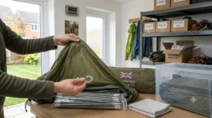 Close-up of hands inspecting a tent hook and aluminium poles for damage.