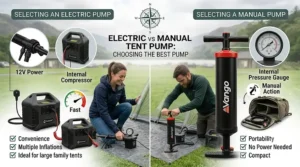 A graphic summarising the key differences between electric and manual pumps to help campers choose the right equipment.