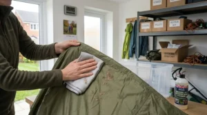 Hands using a microfibre cloth and cleaner to gently remove dirt from a tent flysheet.