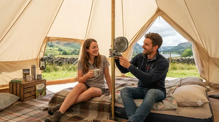 A couple sitting in a bell tent with a portable clip-on fan attached to the central pole. clip on fan for tent