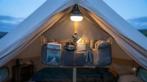 A small tent light clipped securely to a gear loft, illuminating equipment inside a camping tent.