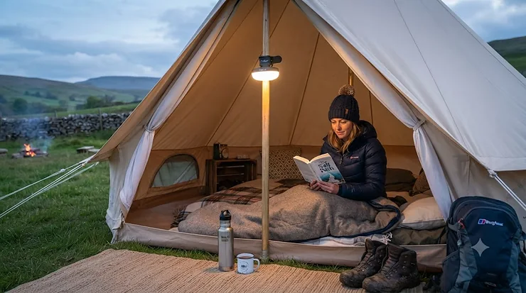 A compact, rechargeable LED clip on tent light attached to a tent pole, providing warm ambient lighting. clip on tent light