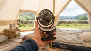 A person holding a compact 6-inch clip-on tent fan to demonstrate its portable size.