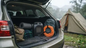 A lightweight portable heater being packed away into a car boot for a camping trip.