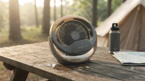 A lightweight hiking rucksack with its side pocket open, showing the compact rechargeable tent fan neatly packed inside, illustrating portability for weekend camping trips or festivals.