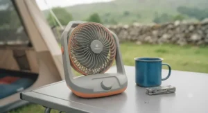 A rugged battery powered tent fan placed on a table alongside a camping mug and tools.
