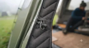 Close-up view showing the simple clips used to attach the thermal liner to the tent frame.