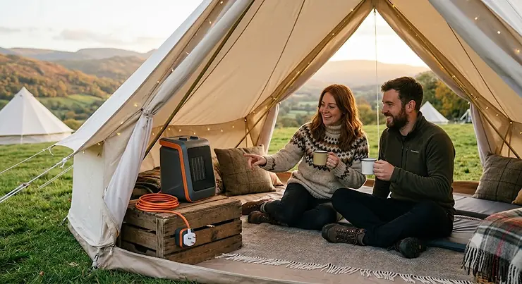 Portable electric tent heater providing warmth inside a family camping tent. electric tent heater