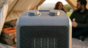 Temperature control dial on a portable electric tent heater.