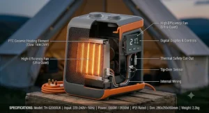 Technical diagram showing dimensions and internal components of the electric tent heater.