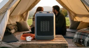 Compact electric tent heater with adjustable heat settings.