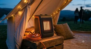 Electric tent heater glowing warmly in a dark camping environment.