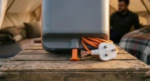 Close-up of electric tent heater safety tip-over switch.