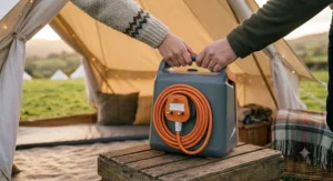 Electric tent heater shown for scale next to a camping mug.