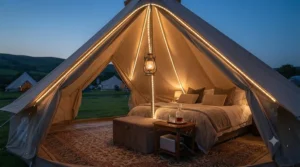 Soft glow of LED strip lights and a lantern illuminating a luxury glamping tent.